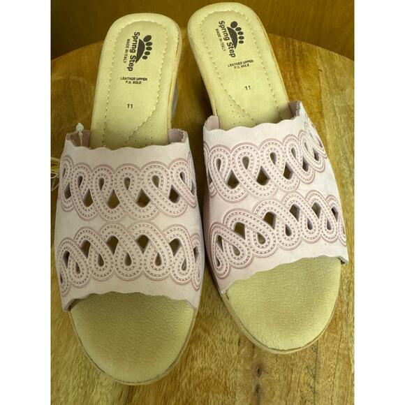 Spring Step Pink Slip On Slide Wedge Open Toe Sandal Leather Made in Italy SZ 11 - Picture 2 of 5